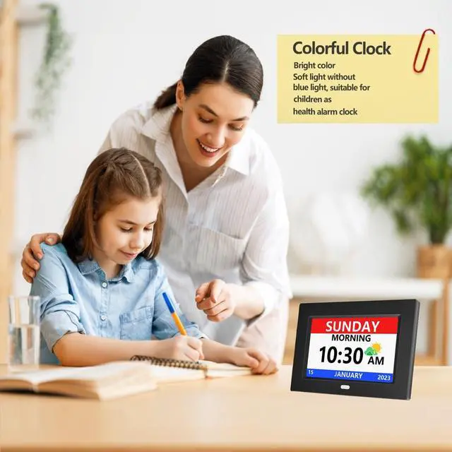 Alt view image 3 of 7 - 7 Inch Clock with Day and Date for Elderly Large Display Digital Clocks 12 Alarms 3 Display Modes Large Font Alzheimer's Clock Alarm Clocks for Seniors Auto DST Black