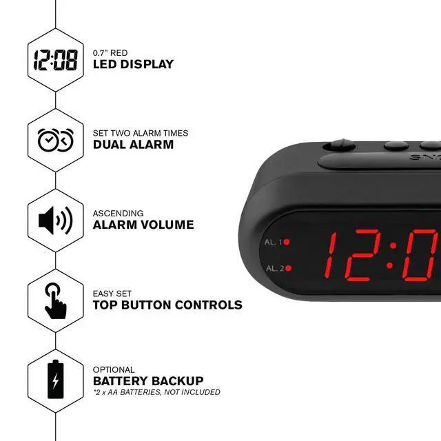 Alt view image 2 of 6 - Easy-Set Digital Alarm Clock for Bedroom Large Red LED Display, Ascending Loud Alarm for Heavy Sleepers, Dual Alarm Weekday/Weekend, Simple Operation, Snooze & Dimmer Control, Battery Backup