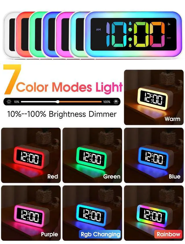 Alt view image 2 of 6 - Loud Alarm Clock for Bedrooms with Dynamic RGB Night Light,Heavy Sleepers Adults,Dual Alarm,Dimmer,USB Charger,Small Bedside Digital Clock with Led Display for Kids,Teens,Seniors (White)