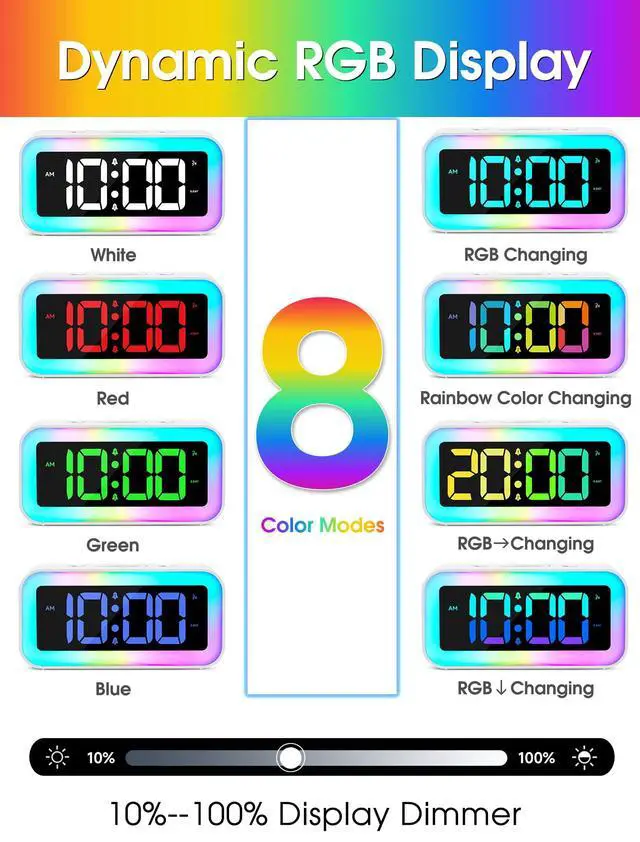 Alt view image 3 of 6 - Loud Alarm Clock for Bedrooms with Dynamic RGB Night Light,Heavy Sleepers Adults,Dual Alarm,Dimmer,USB Charger,Small Bedside Digital Clock with Led Display for Kids,Teens,Seniors (White)