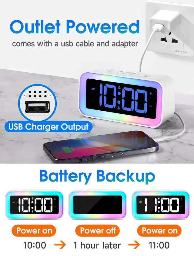 Alt view image 6 of 6 - Loud Alarm Clock for Bedrooms with Dynamic RGB Night Light,Heavy Sleepers Adults,Dual Alarm,Dimmer,USB Charger,Small Bedside Digital Clock with Led Display for Kids,Teens,Seniors (White)