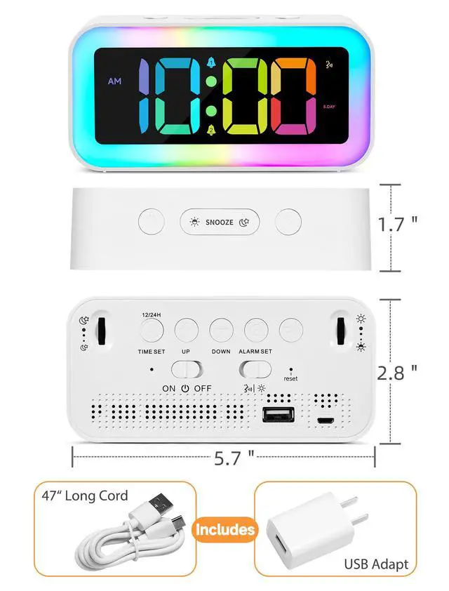 Alt view image 5 of 6 - Loud Alarm Clock for Bedrooms with Dynamic RGB Night Light,Heavy Sleepers Adults,Dual Alarm,Dimmer,USB Charger,Small Bedside Digital Clock with Led Display for Kids,Teens,Seniors (White)