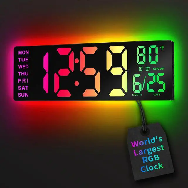 Main image of 16.5" Large Digital Wall Clock with BT Sync, RGB Lights with 11 Scenes Mode Remote Control, Dual Alarms with Big LED Display, Auto DST, Temperature for Classroom Gaming