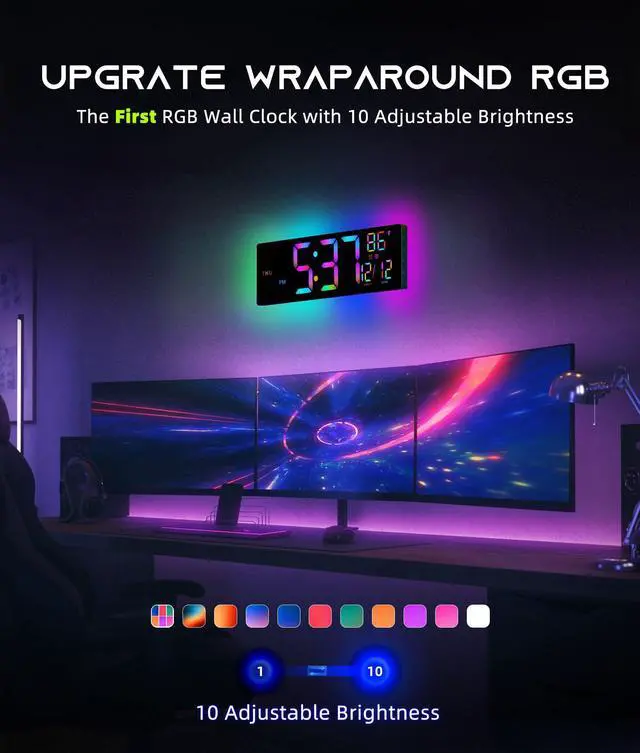 Alt view image 3 of 7 - 16.5" Large Digital Wall Clock with BT Sync, RGB Lights with 11 Scenes Mode Remote Control, Dual Alarms with Big LED Display, Auto DST, Temperature for Classroom Gaming