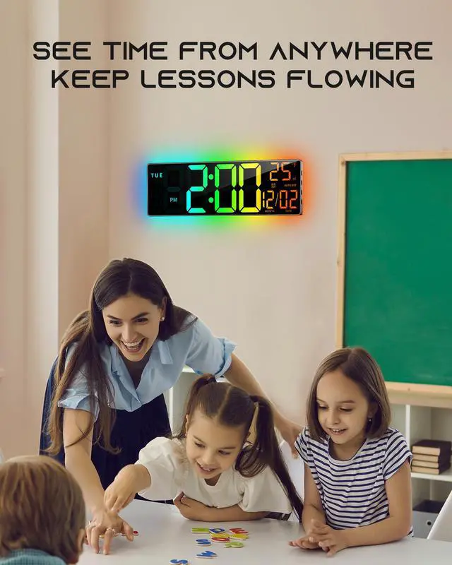Alt view image 6 of 7 - 16.5" Large Digital Wall Clock with BT Sync, RGB Lights with 11 Scenes Mode Remote Control, Dual Alarms with Big LED Display, Auto DST, Temperature for Classroom Gaming