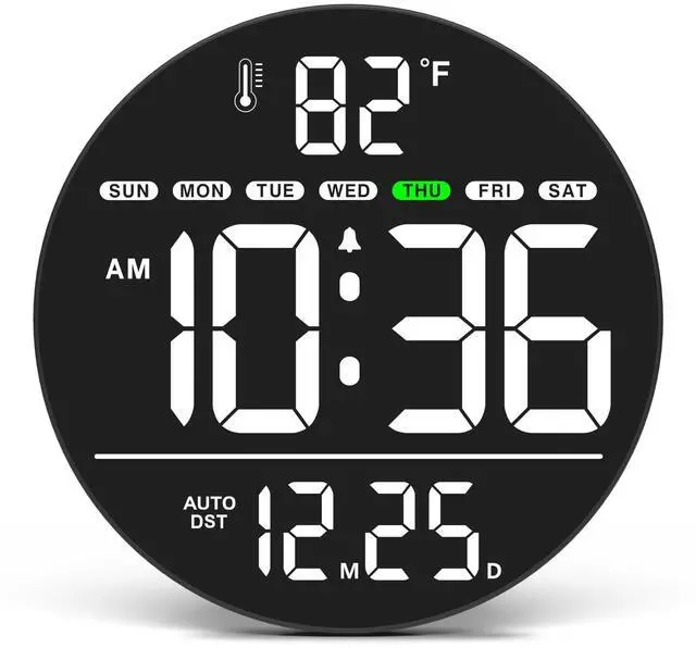 Main image of Large Digital Wall Clock with LED Display, Electric Wall Clock with Temperature, Auto DST, Date, and Day, 5-Level Brightness for Office, Bedroom, Living Room, Classroom Décor