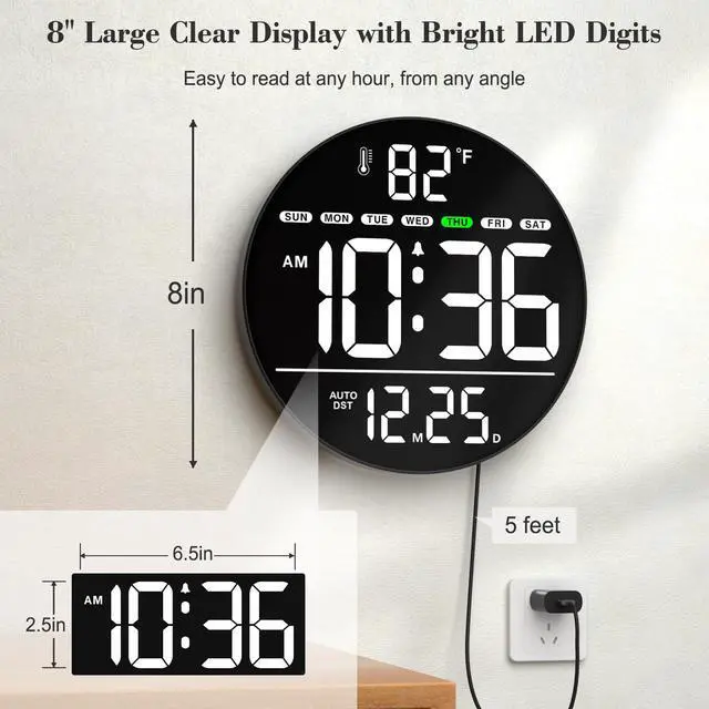 Alt view image 2 of 7 - Large Digital Wall Clock with LED Display, Electric Wall Clock with Temperature, Auto DST, Date, and Day, 5-Level Brightness for Office, Bedroom, Living Room, Classroom Décor