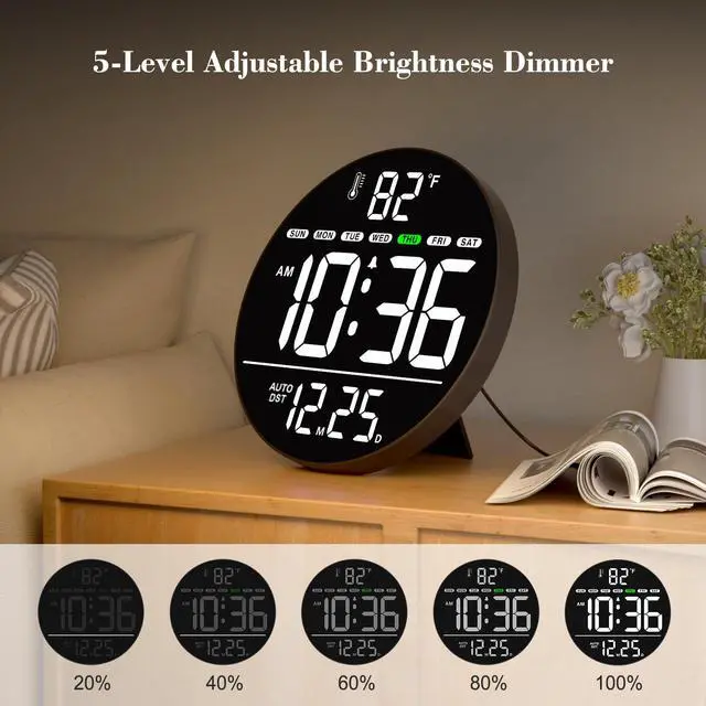 Alt view image 3 of 7 - Large Digital Wall Clock with LED Display, Electric Wall Clock with Temperature, Auto DST, Date, and Day, 5-Level Brightness for Office, Bedroom, Living Room, Classroom Décor