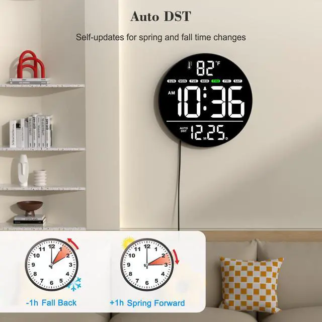 Alt view image 4 of 7 - Large Digital Wall Clock with LED Display, Electric Wall Clock with Temperature, Auto DST, Date, and Day, 5-Level Brightness for Office, Bedroom, Living Room, Classroom Décor