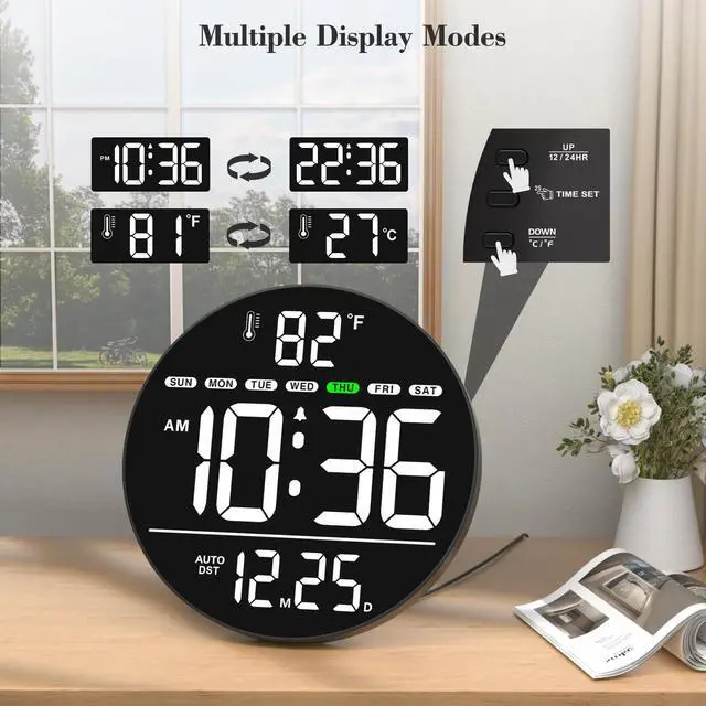 Alt view image 5 of 7 - Large Digital Wall Clock with LED Display, Electric Wall Clock with Temperature, Auto DST, Date, and Day, 5-Level Brightness for Office, Bedroom, Living Room, Classroom Décor