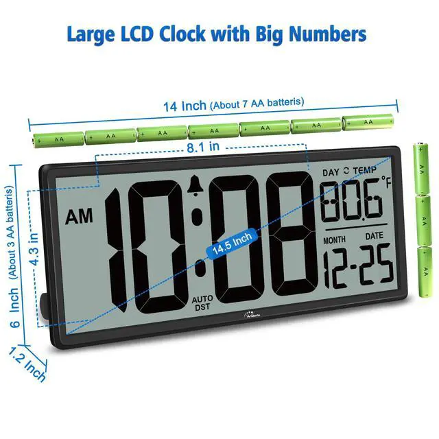 Alt view image 5 of 7 - 14.5'' Large Digital Wall Clock Battery Operated with Jumbo Numbers, Temperature and Date - Easy to Read and Set, Auto DST