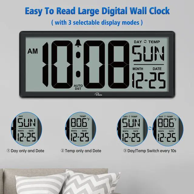Alt view image 3 of 7 - 14.5'' Large Digital Wall Clock Battery Operated with Jumbo Numbers, Temperature and Date - Easy to Read and Set, Auto DST