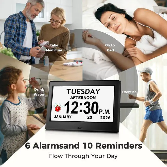 Alt view image 3 of 7 - 7'' Digital Clock, Dementia Clock With Date And Time, 10 Reminders, 6 Alarms, Auto-Dimming, Auto DST, Remote Control, Large Display Alarm Clock For Seniors, Gifts For People With Dementia, Alzheimers