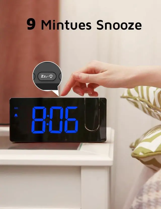 Alt view image 6 of 6 - Projection Alarm Clock, Digital Clock with 180° Rotatable Projector, 3-Level Brightness Dimmer, Clear LED Display, USB Charger, Progressive Volume, 9mins Snooze,12/24H, for Bedroom