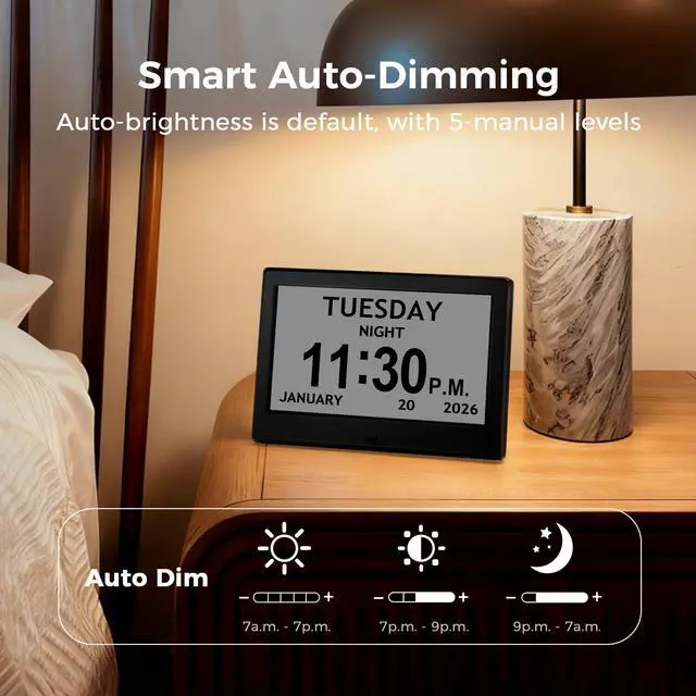 Alt view image 4 of 7 - 7'' Digital Clock, Dementia Clock With Date And Time, 10 Reminders, 6 Alarms, Auto-Dimming, Auto DST, Remote Control, Large Display Alarm Clock For Seniors, Gifts For People With Dementia, Alzheimers