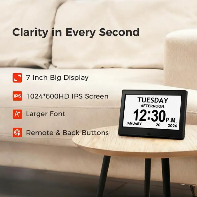Alt view image 2 of 7 - 7'' Digital Clock, Dementia Clock With Date And Time, 10 Reminders, 6 Alarms, Auto-Dimming, Auto DST, Remote Control, Large Display Alarm Clock For Seniors, Gifts For People With Dementia, Alzheimers