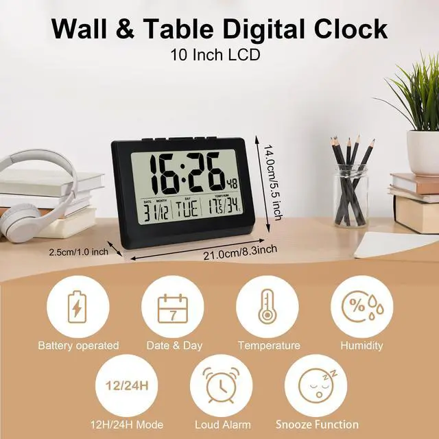 Alt view image 2 of 7 - 10" LCD Large Display Digital Clock, Wall Mounted and Desktop, Battery Operated Electronic Clocks with Date, Day, Temperature, Snooze Function for Elderly, Living Room Bedroom Office, Black