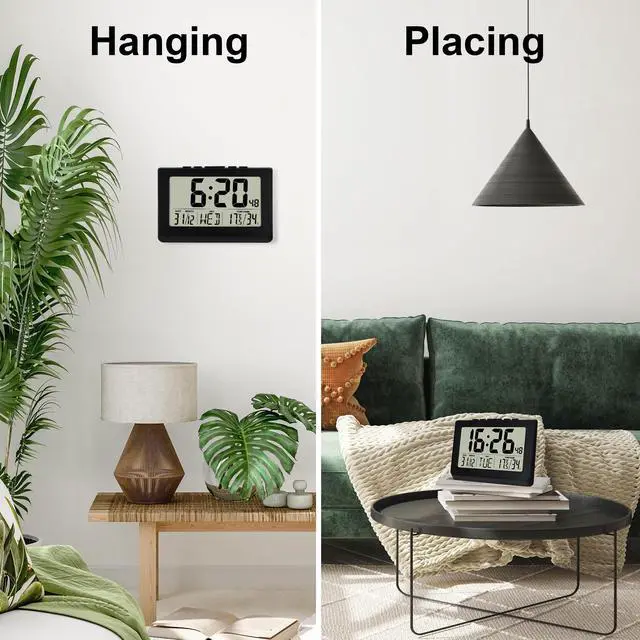 Alt view image 3 of 7 - 10" LCD Large Display Digital Clock, Wall Mounted and Desktop, Battery Operated Electronic Clocks with Date, Day, Temperature, Snooze Function for Elderly, Living Room Bedroom Office, Black