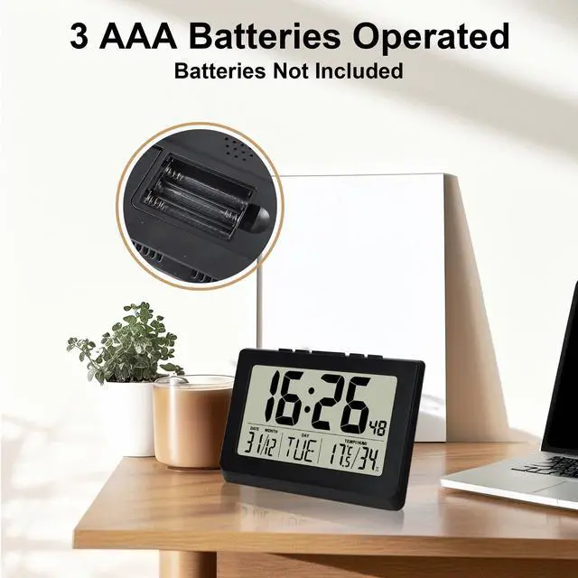 Alt view image 4 of 7 - 10" LCD Large Display Digital Clock, Wall Mounted and Desktop, Battery Operated Electronic Clocks with Date, Day, Temperature, Snooze Function for Elderly, Living Room Bedroom Office, Black