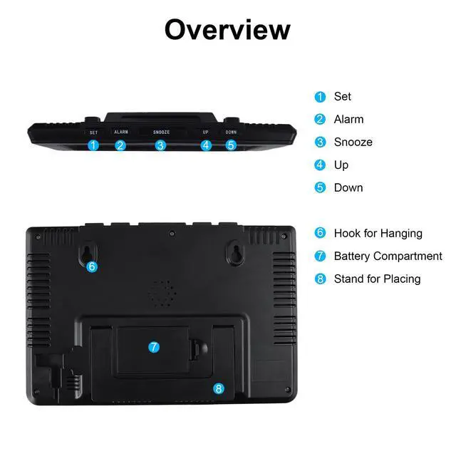 Alt view image 7 of 7 - 10" LCD Large Display Digital Clock, Wall Mounted and Desktop, Battery Operated Electronic Clocks with Date, Day, Temperature, Snooze Function for Elderly, Living Room Bedroom Office, Black