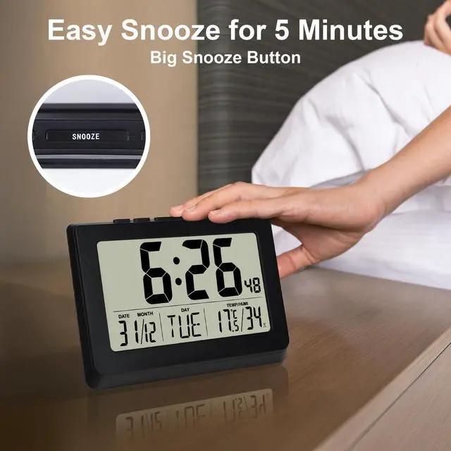 Alt view image 5 of 7 - 10" LCD Large Display Digital Clock, Wall Mounted and Desktop, Battery Operated Electronic Clocks with Date, Day, Temperature, Snooze Function for Elderly, Living Room Bedroom Office, Black