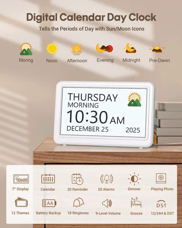 Alt view image 2 of 7 - Digital Clock with Date and Week for Seniors, Alzheimer's Dementia Clock with 20 Alarms and 6 Medicine Reminders, 12 Display Modes Large Font Digital Calendar Alarm Clock for Vision Impaired(7 Inch)