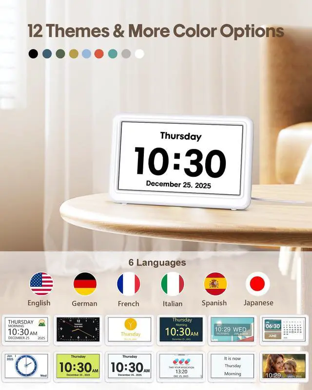 Alt view image 4 of 7 - Digital Clock with Date and Week for Seniors, Alzheimer's Dementia Clock with 20 Alarms and 6 Medicine Reminders, 12 Display Modes Large Font Digital Calendar Alarm Clock for Vision Impaired(7 Inch)