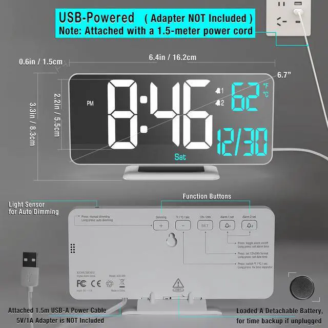 Alt view image 5 of 6 - Digital LED Clocks for Bedrooms 6.7in White Alarm Clock, Dimming, 12/24h, Date, Day of Week,Temp,Desk Clock, LED Clock for Bedside, Digital Calendar Clocks for Living Room Essentials