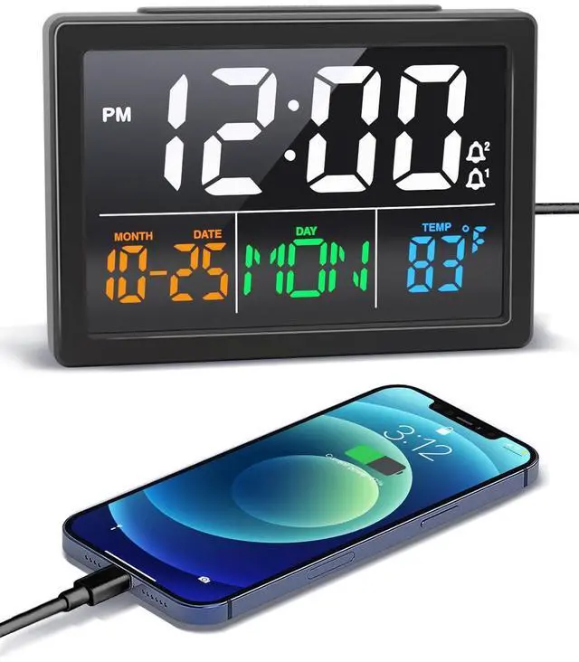 Main image of Digital Alarm Clock, with 5.5" Large LED Time Display, Adjustable Alarm Volume, 6 Level Brightness, Alarm Settings, USB Charger, Temperature Detect, Snooze, Clocks for Bedroom, Bedside, Desk, Black