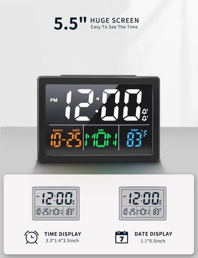 Alt view image 2 of 7 - Digital Alarm Clock, with 5.5" Large LED Time Display, Adjustable Alarm Volume, 6 Level Brightness, Alarm Settings, USB Charger, Temperature Detect, Snooze, Clocks for Bedroom, Bedside, Desk, Black