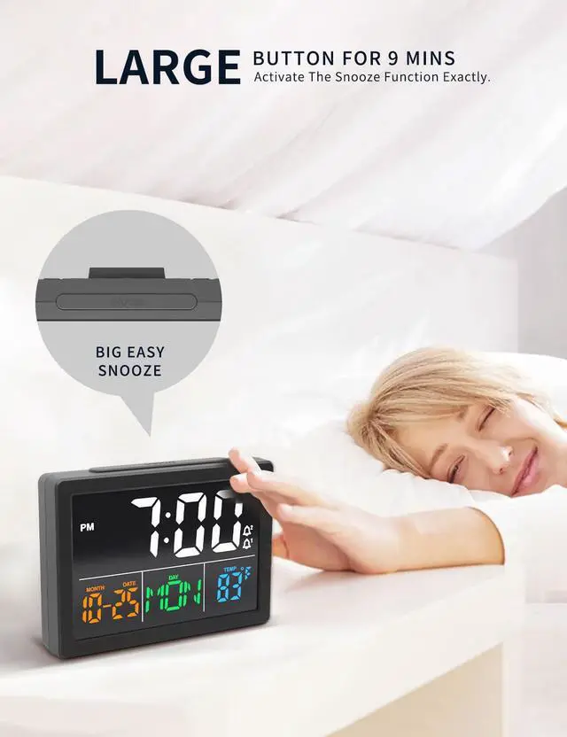Alt view image 3 of 7 - Digital Alarm Clock, with 5.5" Large LED Time Display, Adjustable Alarm Volume, 6 Level Brightness, Alarm Settings, USB Charger, Temperature Detect, Snooze, Clocks for Bedroom, Bedside, Desk, Black