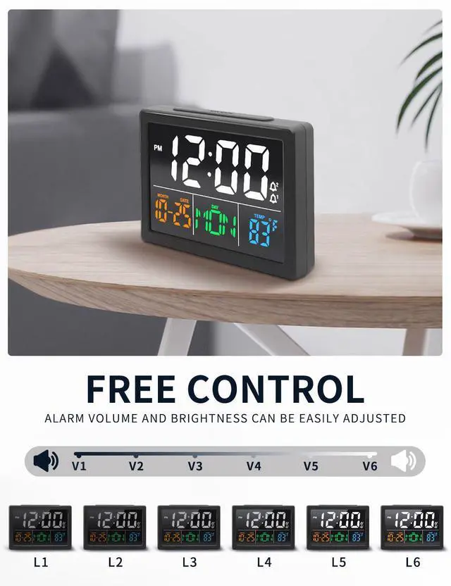 Alt view image 4 of 7 - Digital Alarm Clock, with 5.5" Large LED Time Display, Adjustable Alarm Volume, 6 Level Brightness, Alarm Settings, USB Charger, Temperature Detect, Snooze, Clocks for Bedroom, Bedside, Desk, Black