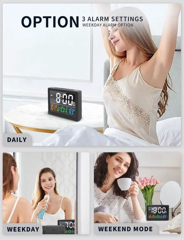 Alt view image 5 of 7 - Digital Alarm Clock, with 5.5" Large LED Time Display, Adjustable Alarm Volume, 6 Level Brightness, Alarm Settings, USB Charger, Temperature Detect, Snooze, Clocks for Bedroom, Bedside, Desk, Black