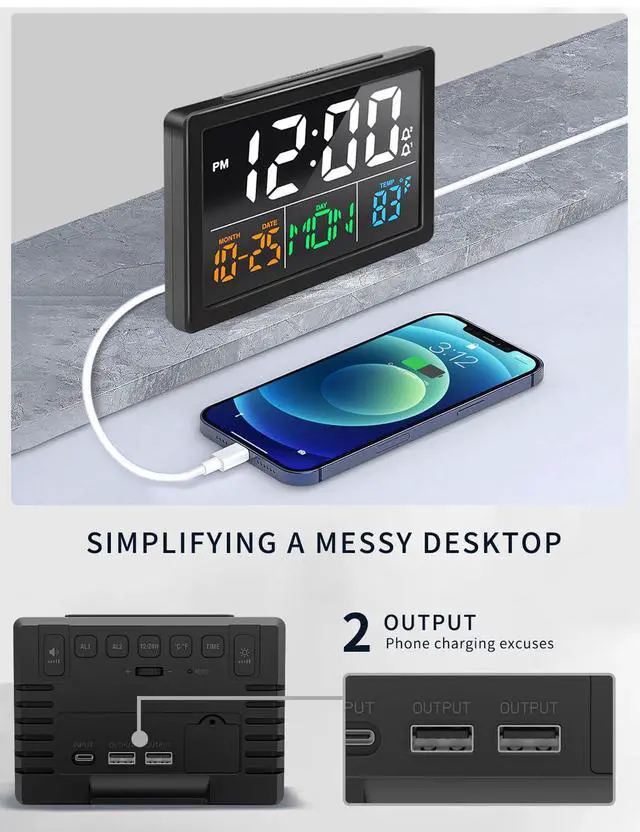 Alt view image 6 of 7 - Digital Alarm Clock, with 5.5" Large LED Time Display, Adjustable Alarm Volume, 6 Level Brightness, Alarm Settings, USB Charger, Temperature Detect, Snooze, Clocks for Bedroom, Bedside, Desk, Black