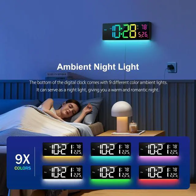 Alt view image 3 of 6 - Digital Wall Clock 16", Wall Clocks with 11 RGB Colors, Alarm Clock with Night Lights, Large Digital Clock for Living Room Bedroom Office Classroom Decor, Auto DST, Temperature, Remote Control