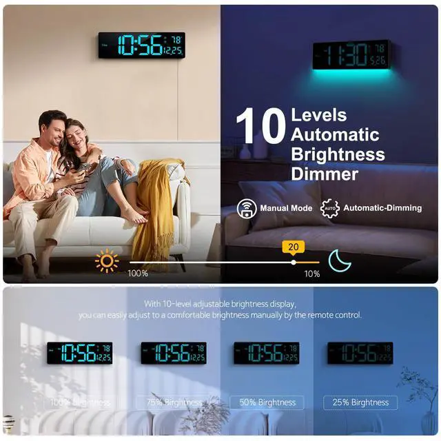 Alt view image 4 of 6 - Digital Wall Clock 16", Wall Clocks with 11 RGB Colors, Alarm Clock with Night Lights, Large Digital Clock for Living Room Bedroom Office Classroom Decor, Auto DST, Temperature, Remote Control