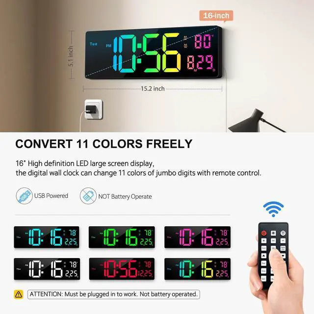 Alt view image 2 of 6 - Digital Wall Clock 16", Wall Clocks with 11 RGB Colors, Alarm Clock with Night Lights, Large Digital Clock for Living Room Bedroom Office Classroom Decor, Auto DST, Temperature, Remote Control