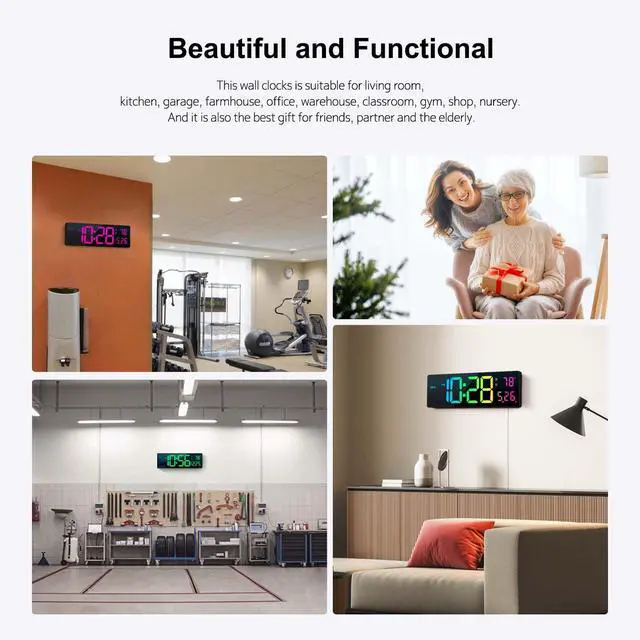 Alt view image 6 of 6 - Digital Wall Clock 16", Wall Clocks with 11 RGB Colors, Alarm Clock with Night Lights, Large Digital Clock for Living Room Bedroom Office Classroom Decor, Auto DST, Temperature, Remote Control