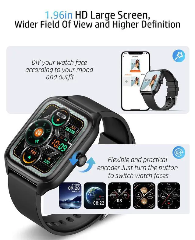 Alt view image 3 of 7 - Smart Watch for Men Women, 1.96" GPS Watcher with 120+ Sports Modes, Blood Pressure/Heart Rate/Blood Oxygen/Sleep Monitor, IP67 Waterproof Smartwatch for Android iOS