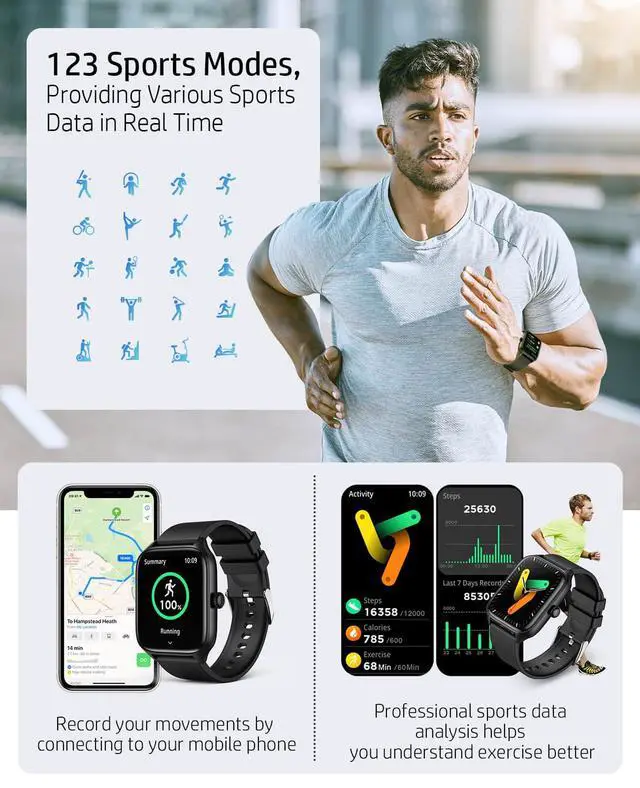 Alt view image 7 of 7 - Smart Watch for Men Women, 1.96" GPS Watcher with 120+ Sports Modes, Blood Pressure/Heart Rate/Blood Oxygen/Sleep Monitor, IP67 Waterproof Smartwatch for Android iOS