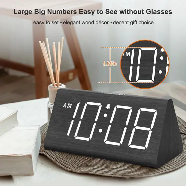 Alt view image 2 of 7 - Wooden Digital Alarm Clocks for Bedrooms - Electric Desk Clock with Large Numbers, USB Port, Loud Alarm for Heavy Sleepers, Adjustable Volume, Dimmer, DST, Wood Décor Gifts, Adapter Powered