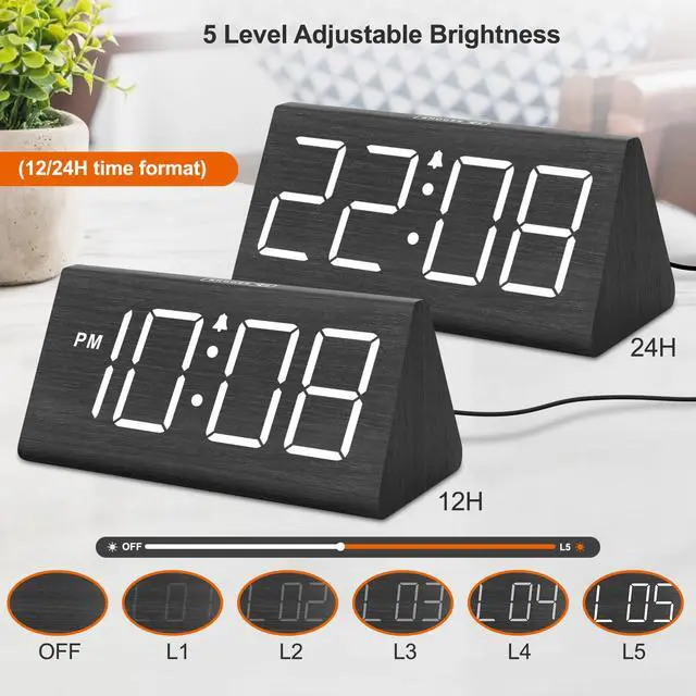 Alt view image 4 of 7 - Wooden Digital Alarm Clocks for Bedrooms - Electric Desk Clock with Large Numbers, USB Port, Loud Alarm for Heavy Sleepers, Adjustable Volume, Dimmer, DST, Wood Décor Gifts, Adapter Powered