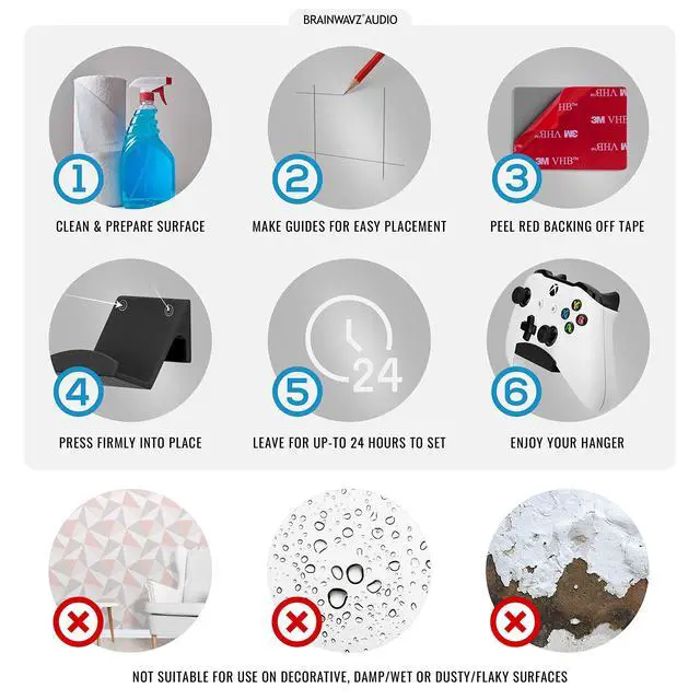 Alt view image 7 of 7 - BRAINWAVZ Game Controller Holder Wall Mount Stand (2 Pack) for Xbox, PS5, Series X, ONE, PS4, PS3, Switch, Nintendo, PC & More, Fits Latest & Retro Gamepads, Stick On, Easy to Install, UGC1