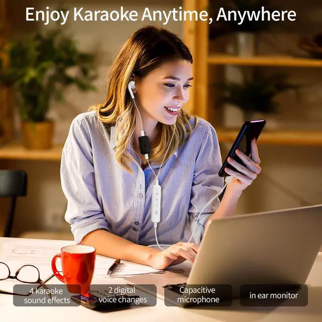 Alt view image 5 of 7 - Sound Card Karaoke Headset with in-Ear Monitoring, Voice Changer, Reverberation, Built-in Sound Card, Karaoke Microphone, Portable Karaoke Headphones, Type C HiFi Wired Earbuds for Musician