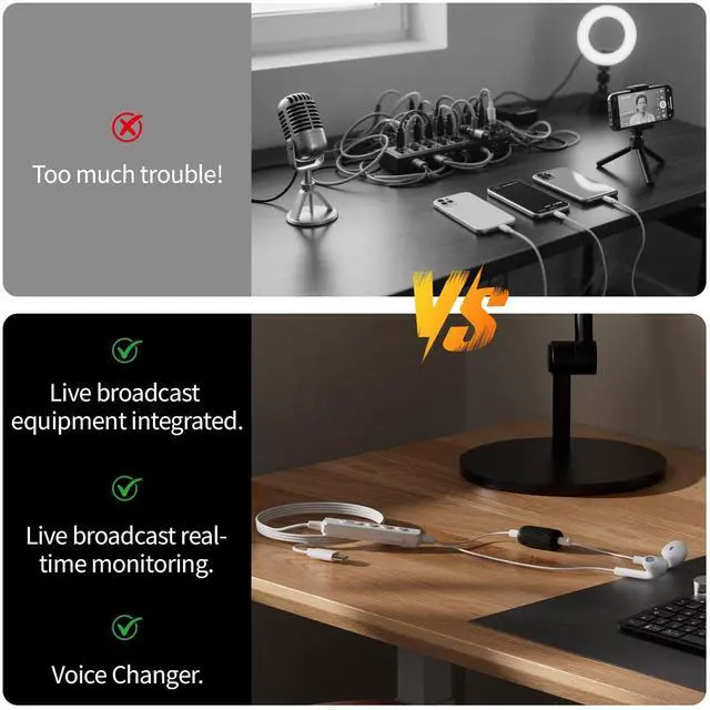 Alt view image 7 of 7 - Sound Card Karaoke Headset with in-Ear Monitoring, Voice Changer, Reverberation, Built-in Sound Card, Karaoke Microphone, Portable Karaoke Headphones, Type C HiFi Wired Earbuds for Musician