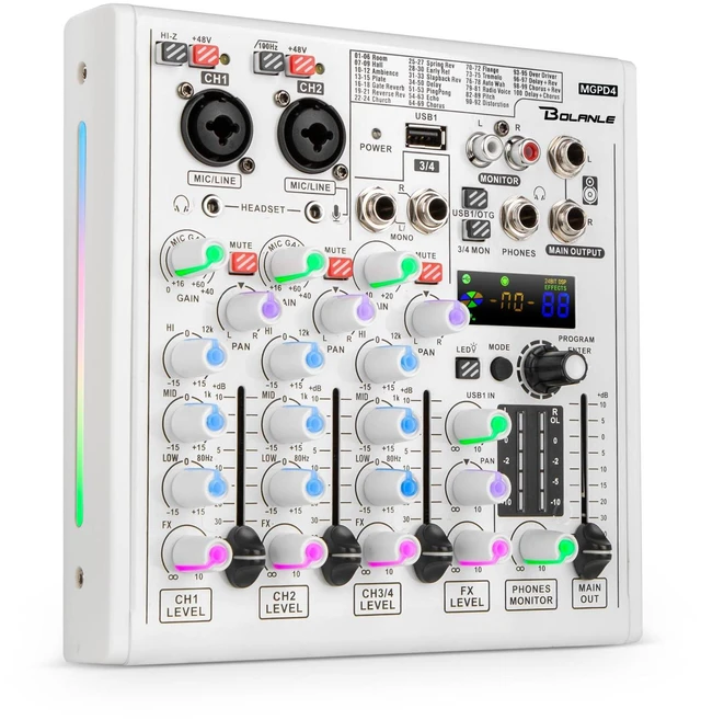 Main image of 4-Channel DJ Mixer, USB Audio Interface, Bluetooth, DSP Effects | Combo XLR/TRS input accepts condenser and dynamic mics; perfect for podcast, karaoke, live streaming, and studio recording