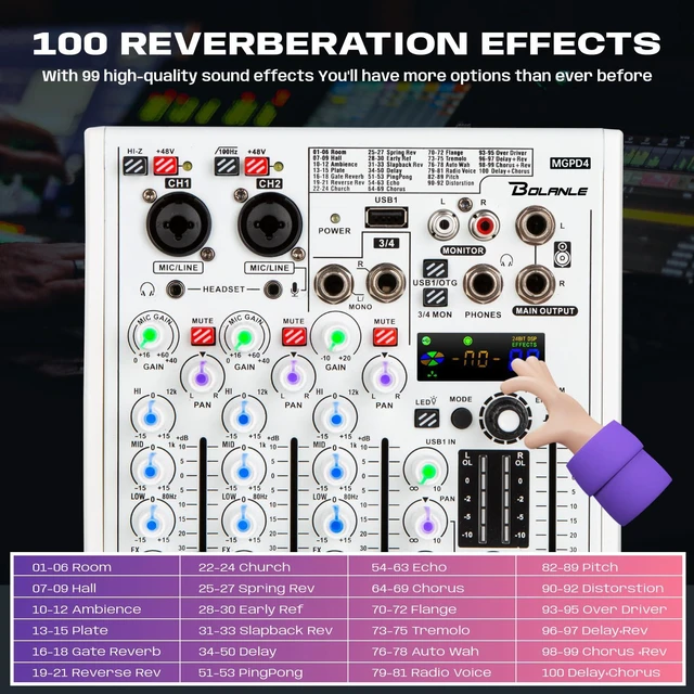 Alt view image 2 of 7 - 4-Channel DJ Mixer, USB Audio Interface, Bluetooth, DSP Effects | Combo XLR/TRS input accepts condenser and dynamic mics; perfect for podcast, karaoke, live streaming, and studio recording