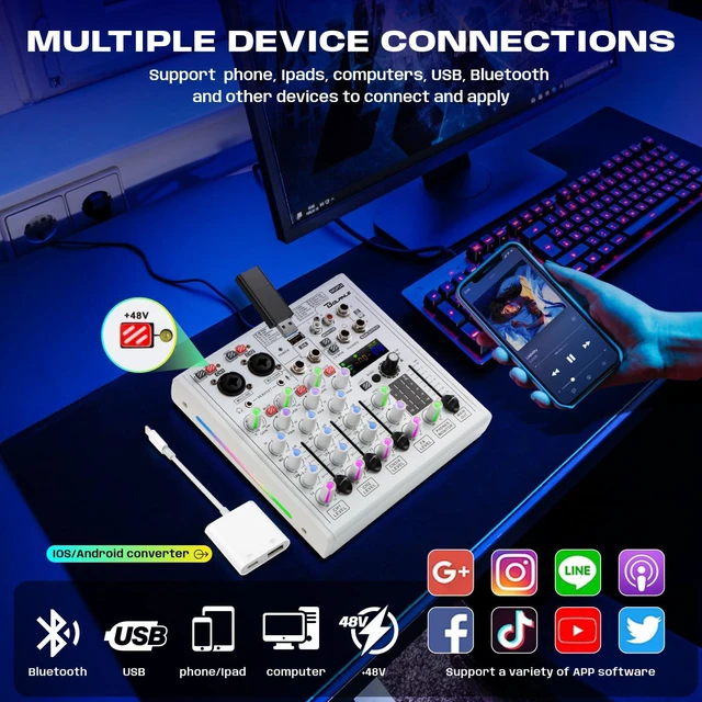Alt view image 3 of 7 - 4-Channel DJ Mixer, USB Audio Interface, Bluetooth, DSP Effects | Combo XLR/TRS input accepts condenser and dynamic mics; perfect for podcast, karaoke, live streaming, and studio recording