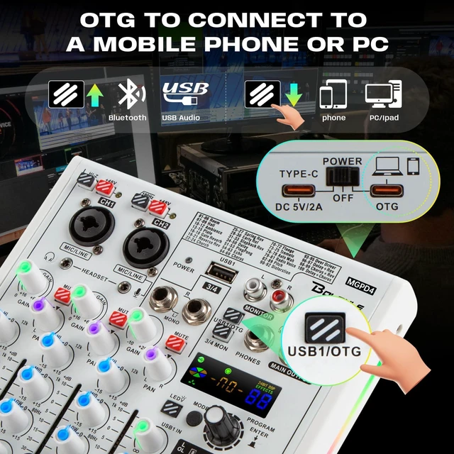 Alt view image 4 of 7 - 4-Channel DJ Mixer, USB Audio Interface, Bluetooth, DSP Effects | Combo XLR/TRS input accepts condenser and dynamic mics; perfect for podcast, karaoke, live streaming, and studio recording