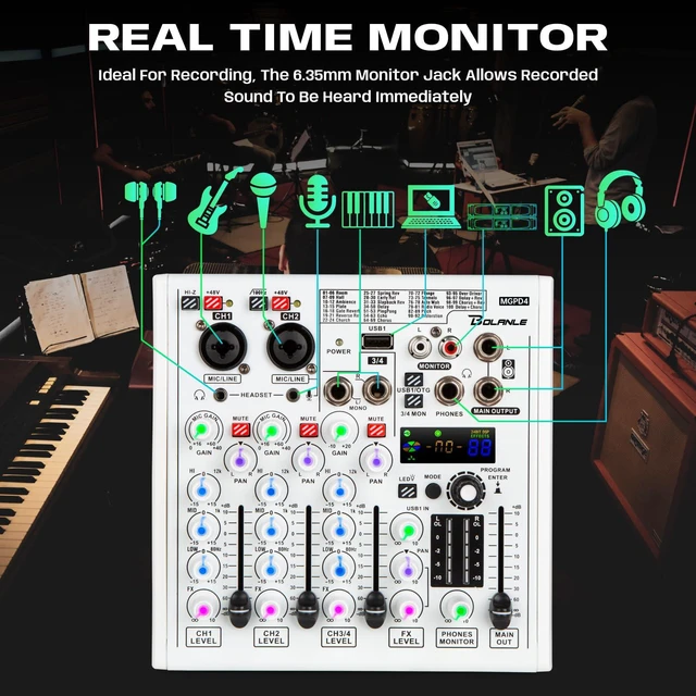 Alt view image 5 of 7 - 4-Channel DJ Mixer, USB Audio Interface, Bluetooth, DSP Effects | Combo XLR/TRS input accepts condenser and dynamic mics; perfect for podcast, karaoke, live streaming, and studio recording